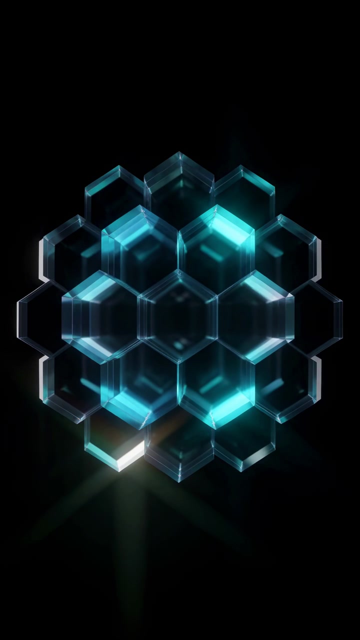 Ladrilhos geométricos translúcidos movem-se através de arranjos em camadas sobre um fundo preto, alterando o alinhamento e os reflexos, enquanto a iluminação ciano e roxa enfatiza a profundidade, simetria e superfícies polidas.