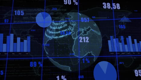 animación de lenguaje abstracto en el globo con múltiples gráficos y números sobre el mapa en el fondo