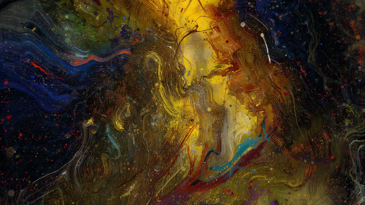 Flowing yellow pigment column settling due to resin leveling on studio panel, with white droplets