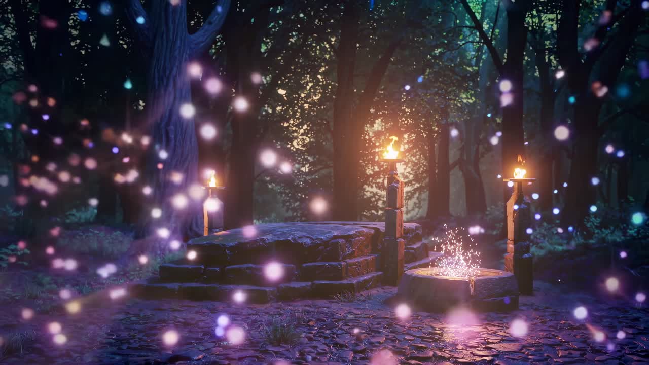 Magical forest scene with glowing orbs, captured from a low angle