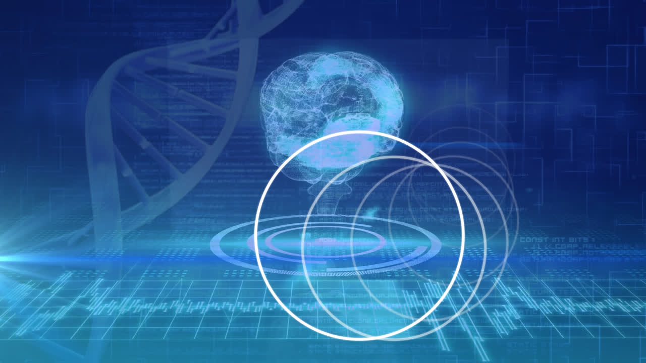 Animation of dna strand spinning, human brain over data processing