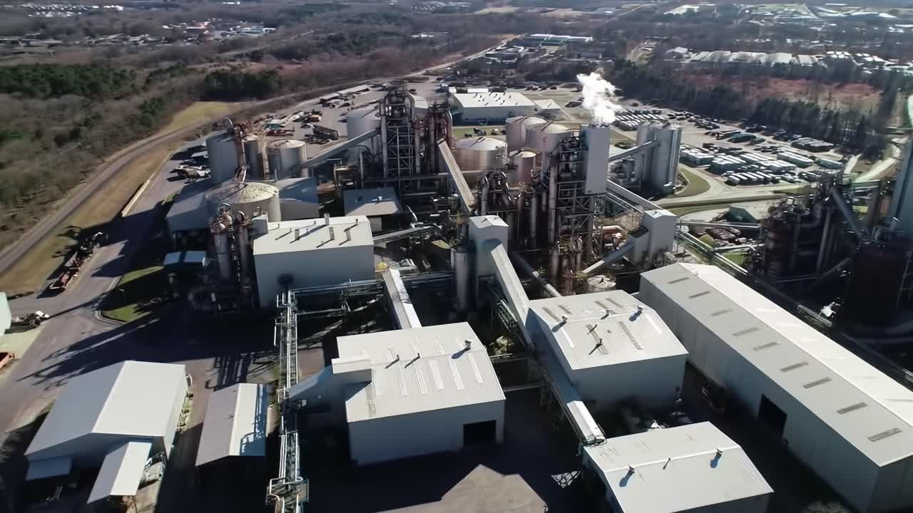 An aerial view showcases a large industrial facility surrounded by a rural landscape. The complex features multiple buildings and stacks, highlighting active production and operations in the area.