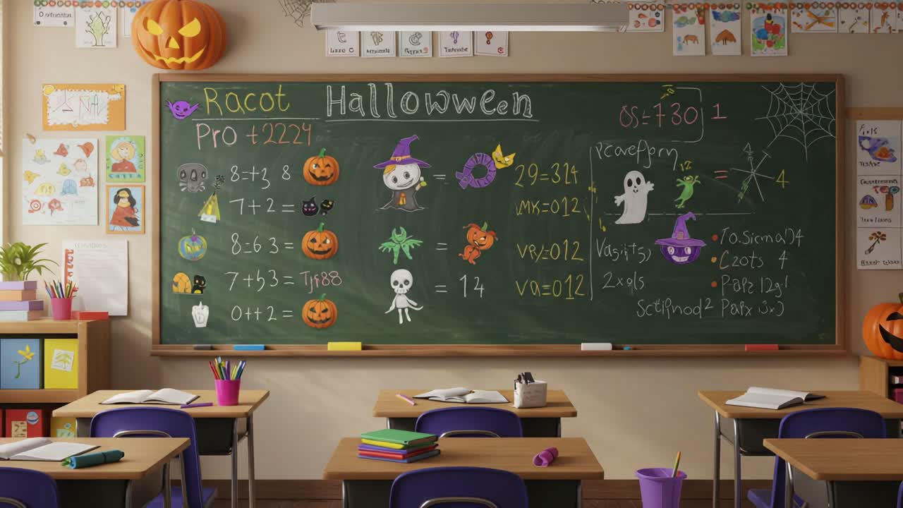 Zábavná a slavnostní scéna ve třídě s halloweenskými dekoracemi, aktivitami a učebními materiály na tabuli, která studenty vtáhne do sváteční atmosféry