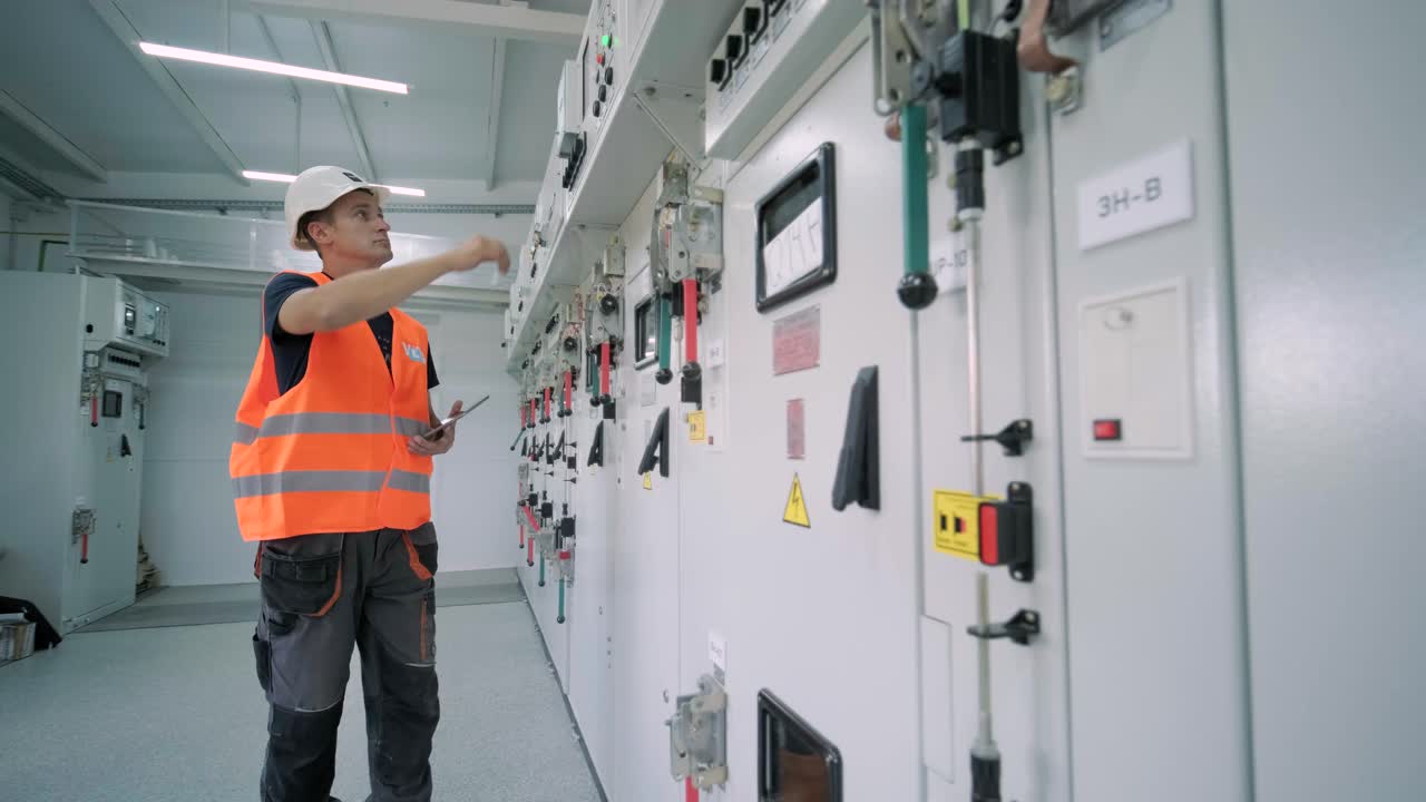 el ingeniero eléctrico que trabaja comprueba la tensión de corriente eléctrica y la sobrecarga en la parte delantera del gabinete del centro de carga o de la unidad de consumo para el mantenimiento en la sala principal del sistema de distribución de energía.