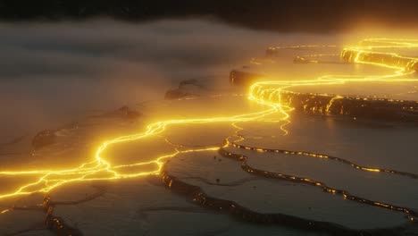 a breathtaking view of flowing lava illuminating terraced landscapes amidst mist, offering a stunning perspective of nature's elemental forces
