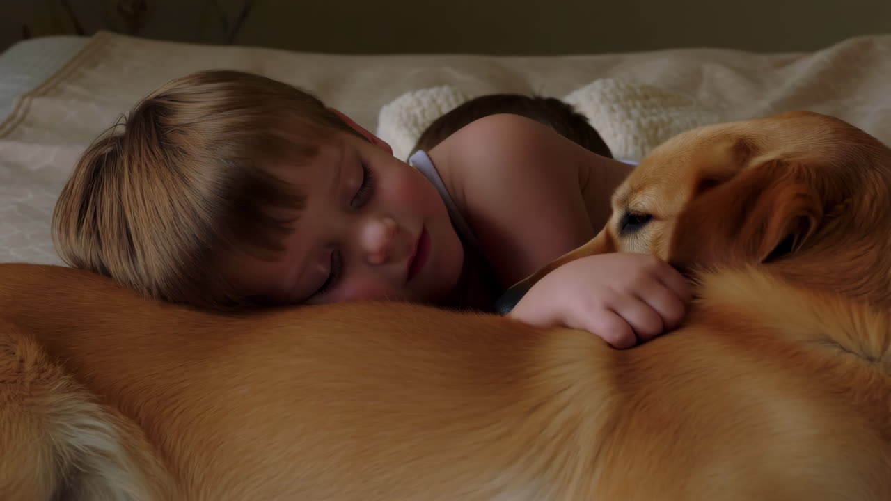 A young child peacefully sleeping with a golden retriever