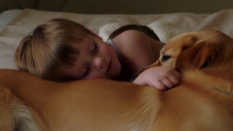 a young child peacefully sleeping with a golden retriever