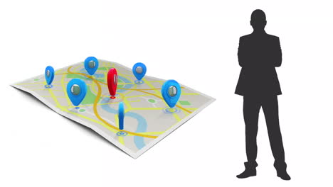 animation of man shadow and map with markers on white background