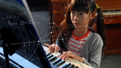 mathematical equations floating against girl playing the piano