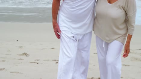 happy senior couple walking on the beach