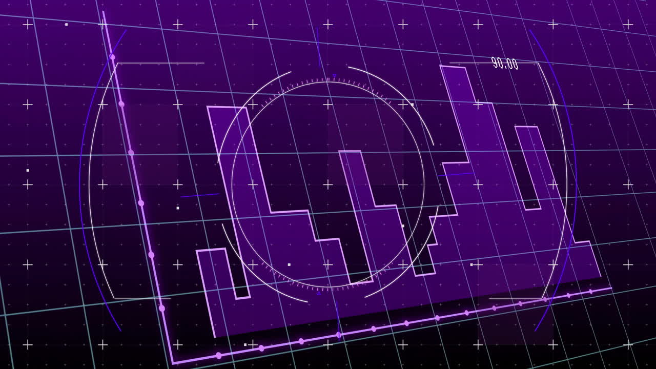 Animation of futuristic digital interface with graphs on purple grid background