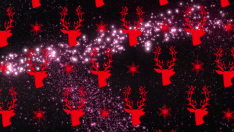 animación de cabezas de renos y puntos de luz sobre fondo negro en navidad