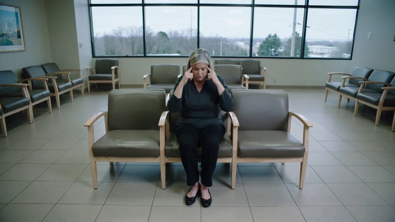 Donna con le mani alle tempie, in abito scuro, si concentra, la telecamera si allontana su una panca in clinica