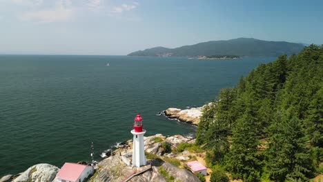 Aerial-orbit-of-Lighthouse-Park-and-coastline-pacific-ocean,-Vancouver,-BC,-Canada