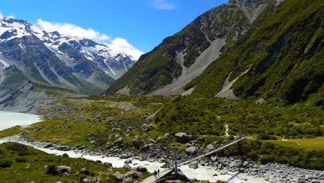 Panorámica-Hacia-La-Izquierda-A-Lo-Largo-Del-Río-Hooker,-Revelando-Un-Monte-Cook-Cubierto-De-Nieve,-Nueva-Zelanda.