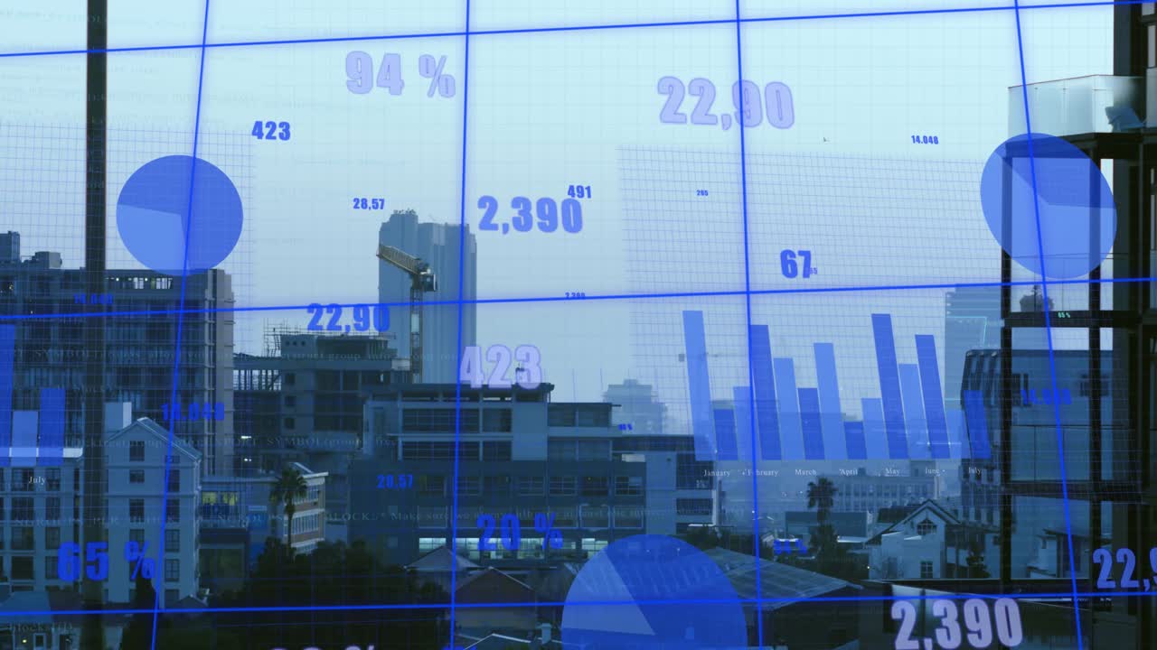 Indgående dataopdatering aktiverer blåt overlay, søjler flytter sig og visualiserer byens målinger på skyline