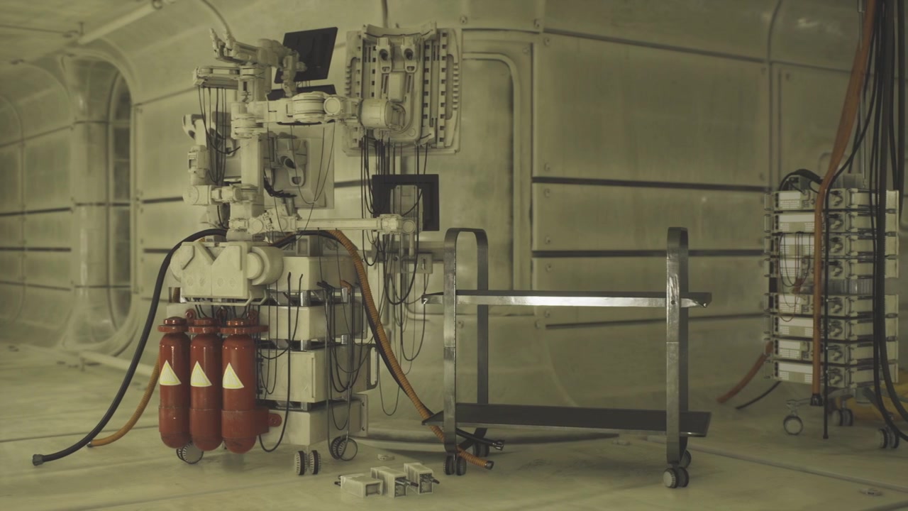 Futuristic workshop scene retro style industrial maintenance environment
