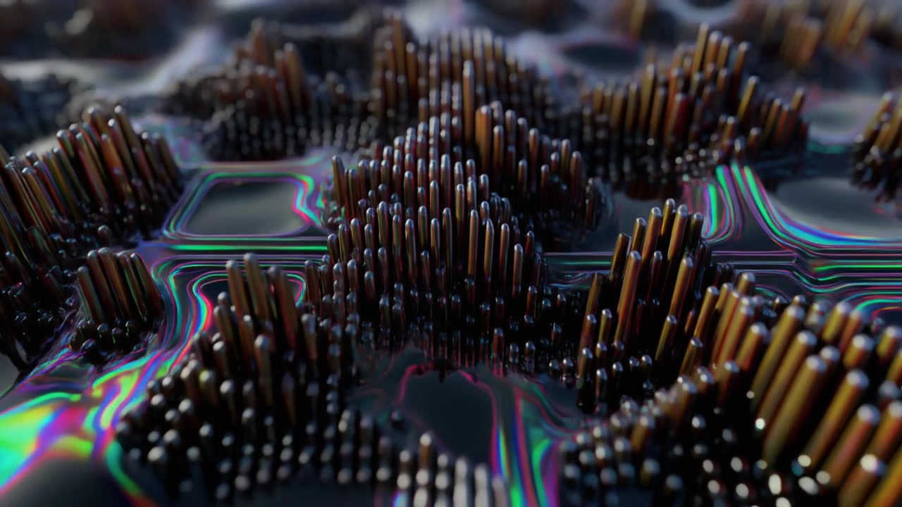 Abstrakt 3D-bevægelsesgrafik med iriserende væske og stigende søjler