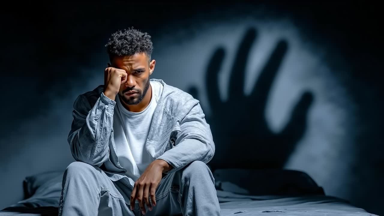 A man sitting on a bed with his head in his hands