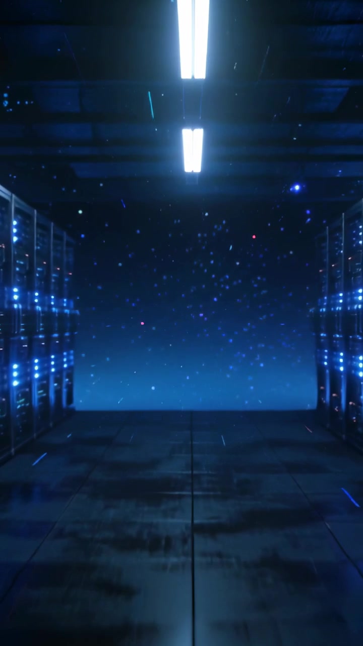 Vertical video: Pushing camera moving down datacenter aisle, revealing server racks' blue LEDs