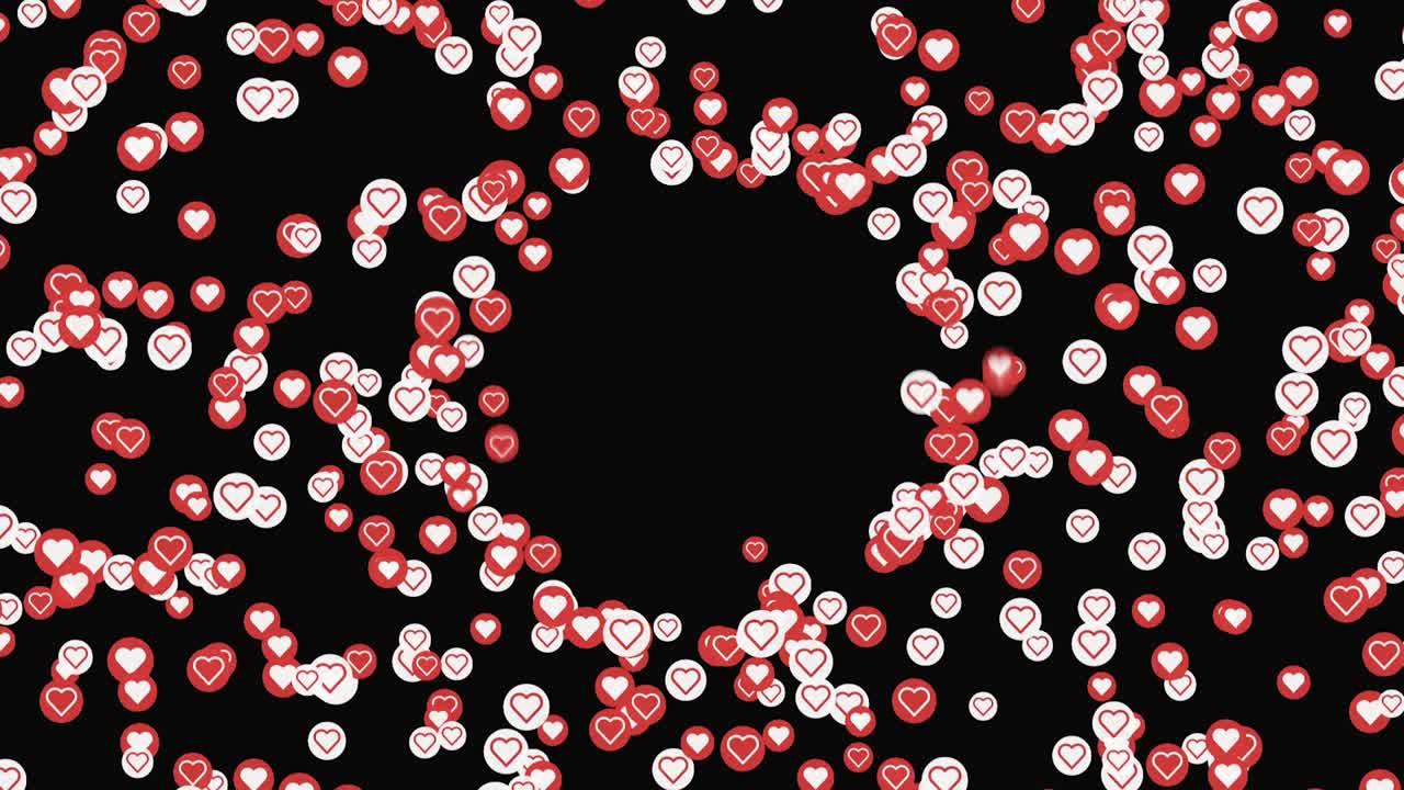 검은색 배경 한가운데에 보이지 않는 구를 둘러싸고 날아가는 작은 빨간색과 색의 심장, 애니메이션, 소셜 미디어의 개념과 사랑의 표현.