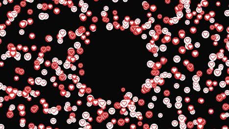 pequeños corazones rojos y blancos volando alrededor de una esfera invisible en el medio de un fondo negro. animación. concepto de redes sociales y expresión de amor.