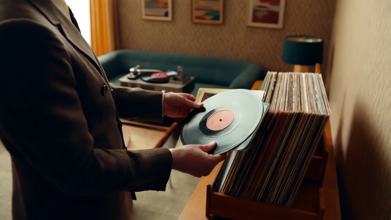 Man Holding Vinyl Record in Retro Living Room
