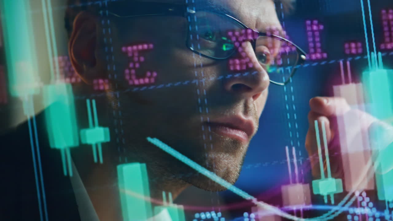 Focused businessman analysing sales in futuristic investment hologram closeup.