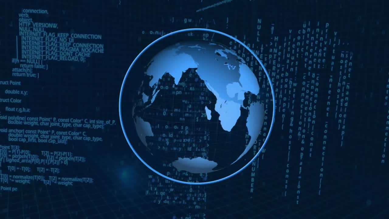 Digital animation of globe spinning over data processing against blue background