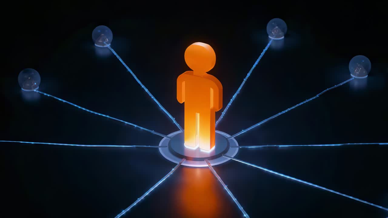 Radiating central orange icon pulsing on circular base, powering blue radial lines and white nodes