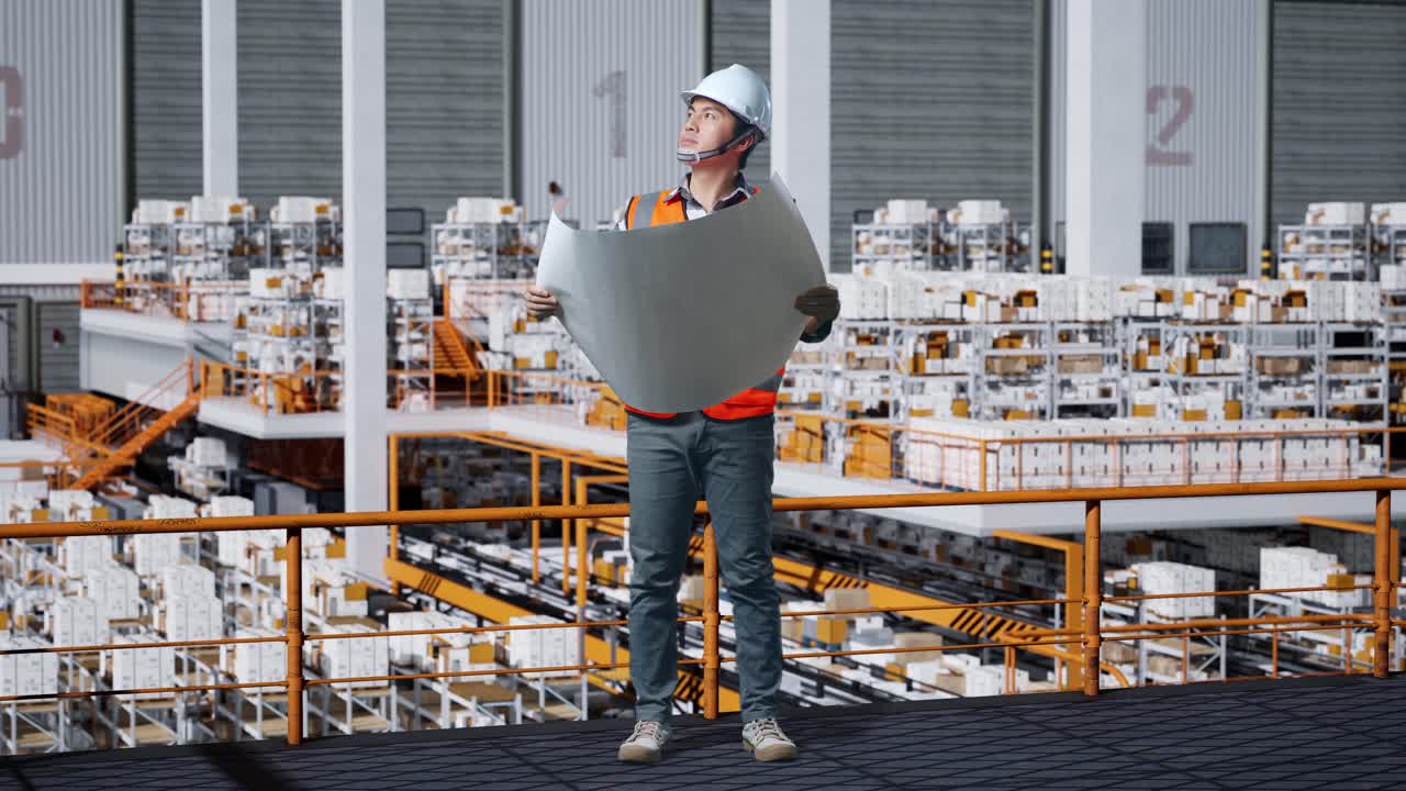 창고 계획을 검토하는 엔지니어