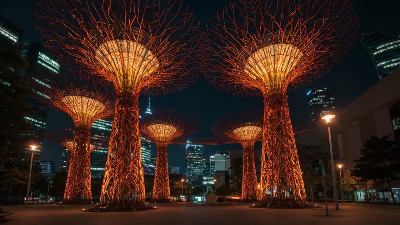 Una splendida esposizione di strutture da giardino illuminate, circondate dall'architettura urbana notturna, che mette in risalto la bellezza della natura e l'innovazione nel design moderno
