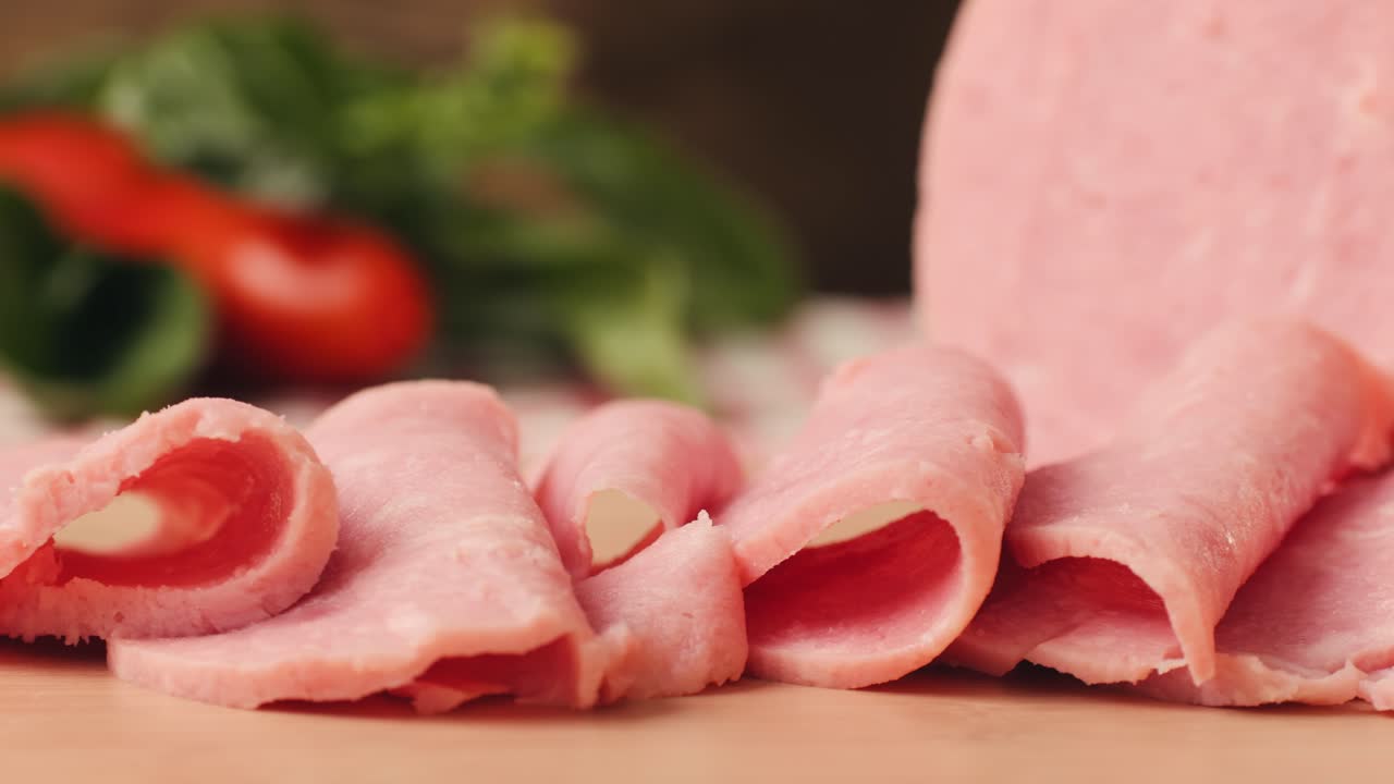Ham italian mordatella, man Slices Of Traditional Italian antipasti mortadella sausage on a wooden cutting board, close up macro of chicken or turkey jamon, fat breakfast dish.