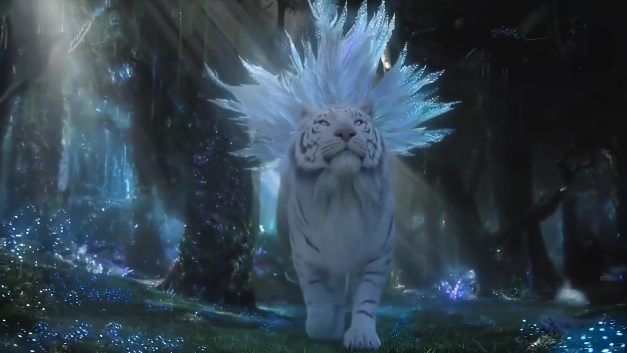 Tigre Branco Majestoso com Asas Brilhantes Caminhando por uma Floresta Encantada