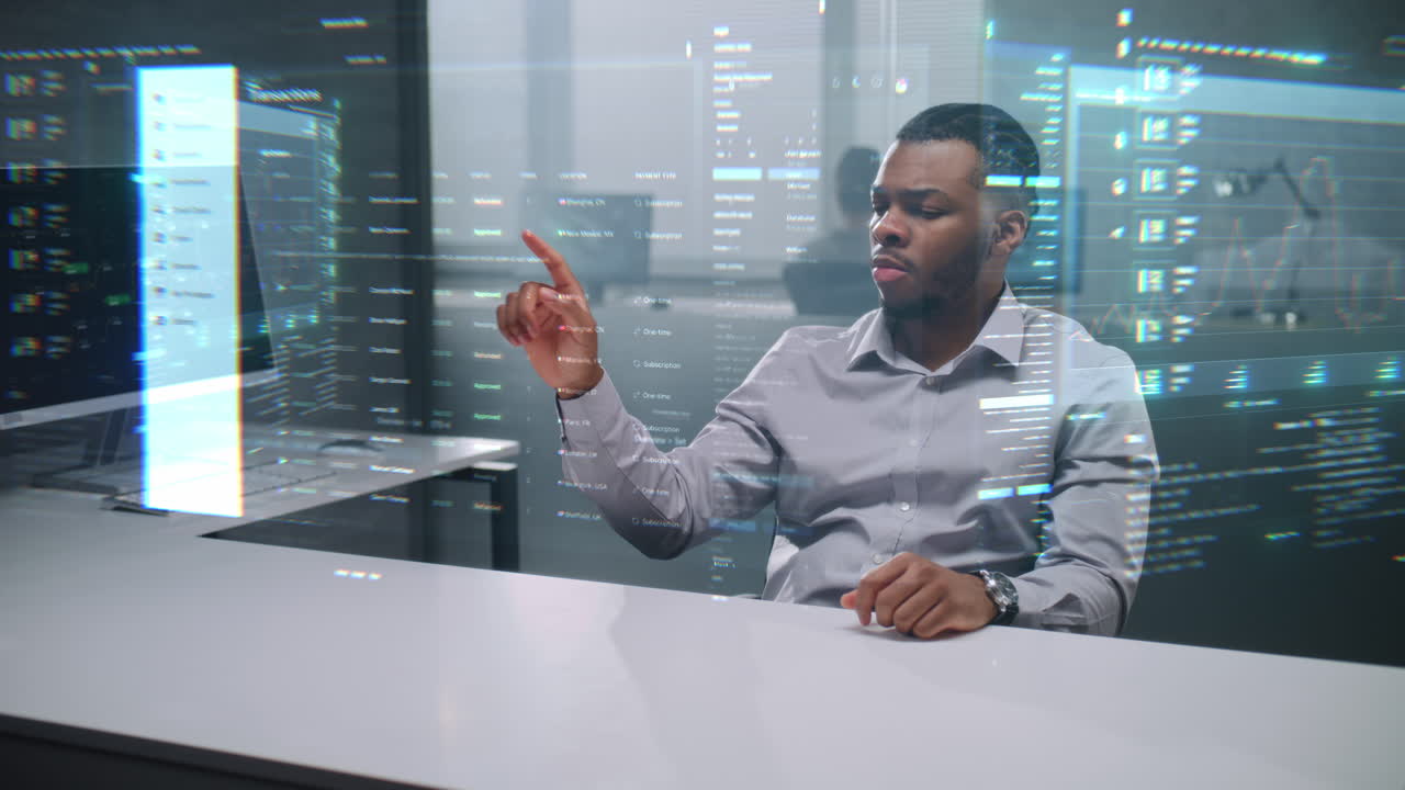 Businessman using virtual data interface