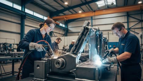 workers engaged in metal fabrication and welding in an industrial workshop