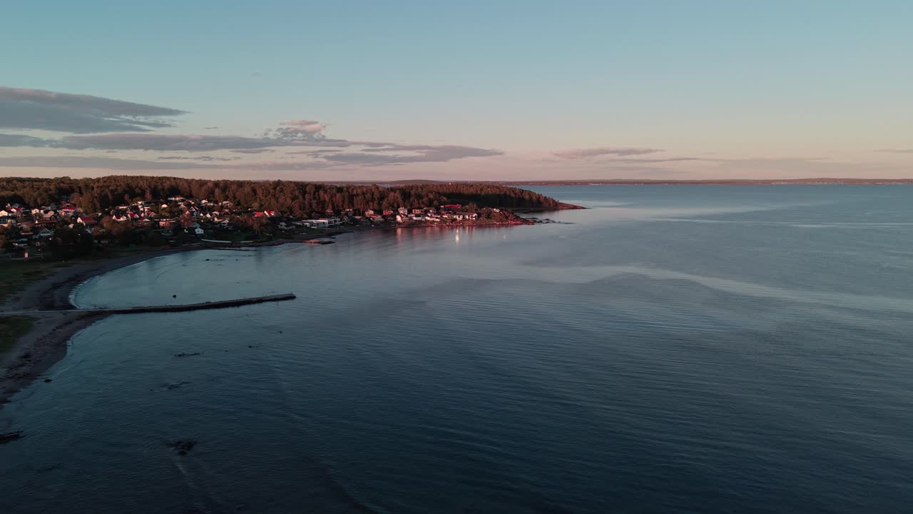 Coastline of Oslofjord in Norway at sunset. Drone footage