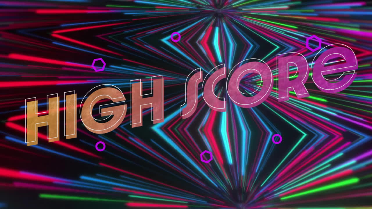 Animation of high score text over colourful shapes on black background