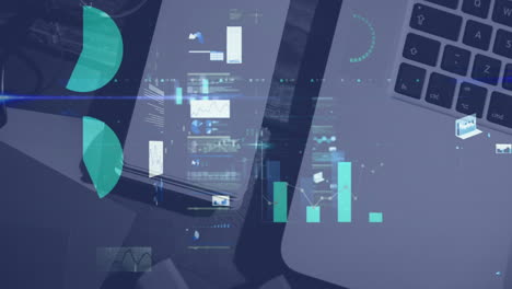 Animation-of-multiple-graphs-and-computer-language-over-laptop-and-notepad-on-desk