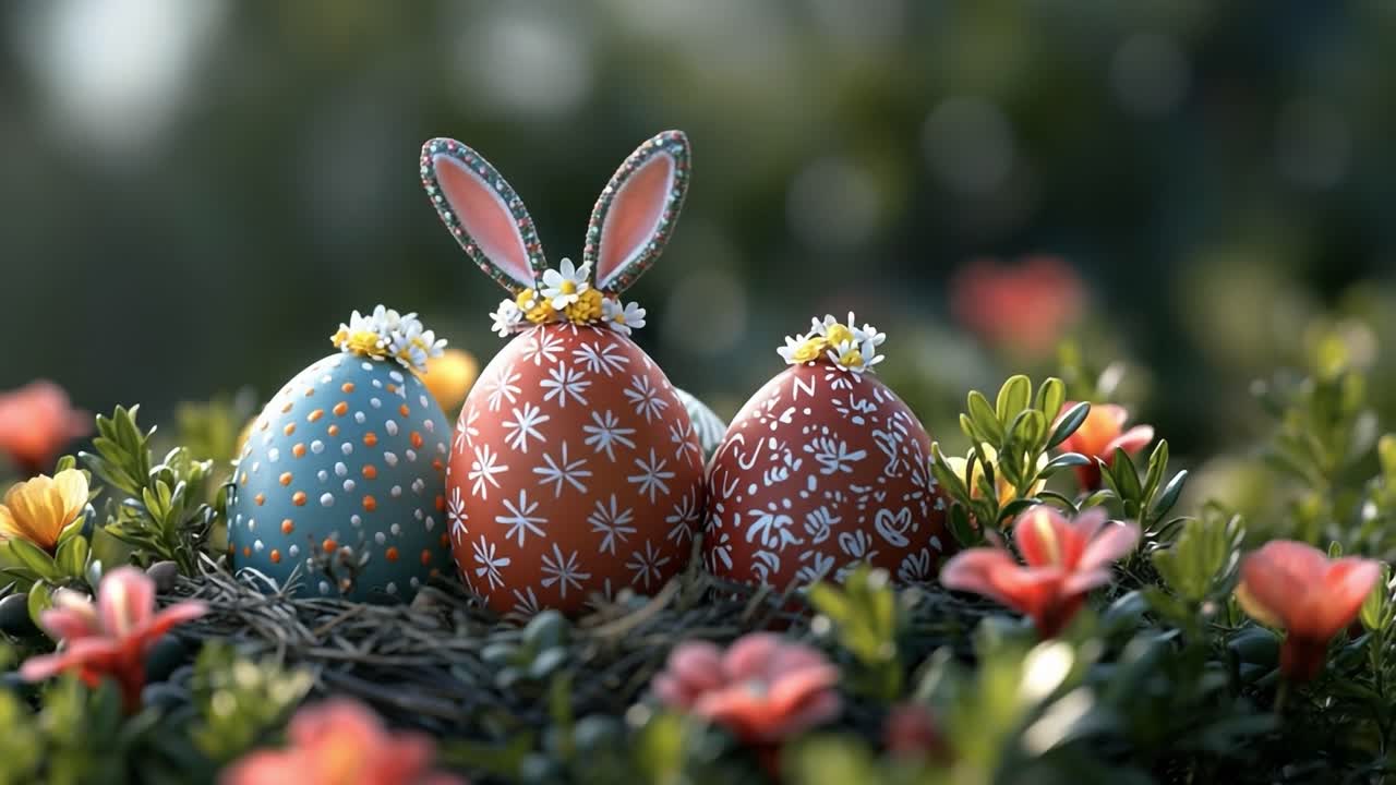 Colorful Easter eggs nestled in flowers. Decorative Easter eggs with floral designs are placed among vibrant blossoms in a natural setting during springtime.