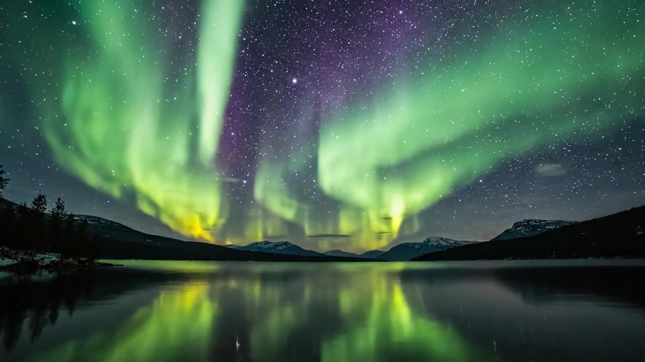 Aurora Boreale mozzafiato che illumina un cielo stellato sopra un lago tranquillo, catturando lo straordinario spettacolo di colori e riflessi della natura nella notte