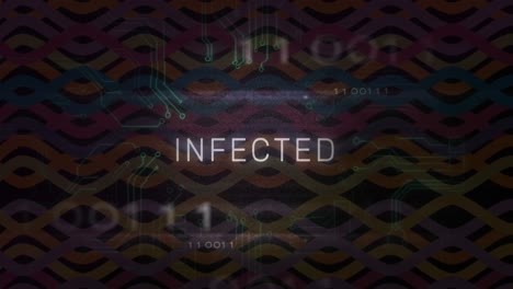 animation of infected text, binary codes, multicolored abstract pattern over circuit board texture