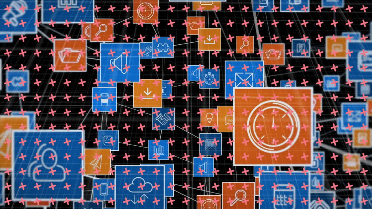 그리드와 어두운 배경 위의 아이콘으로 연결 네트워크의 애니메이션