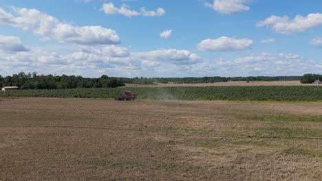 25 august 2024 penkule, latvia - aerial view of combine harvester at work. summer field work on the farm. top view of combine gathering corn or wheat crop.