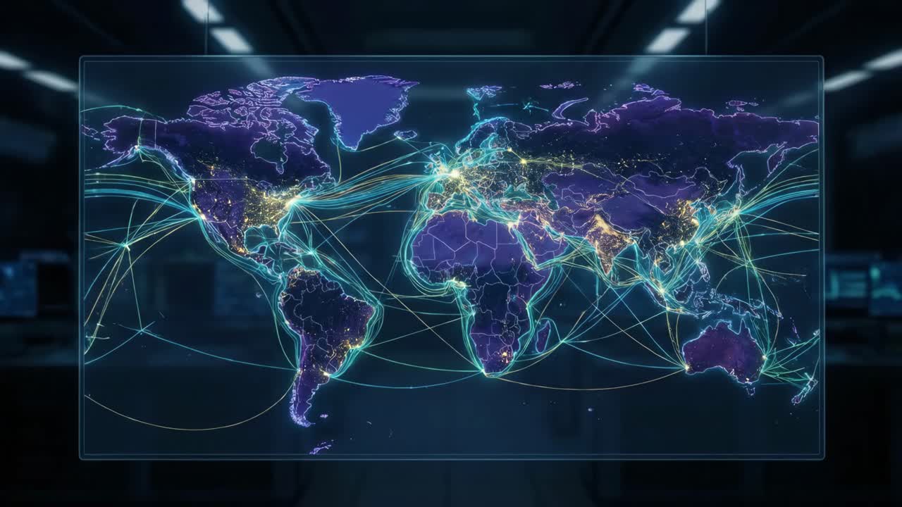 Digital World Map Showing Global Network and Data Connections