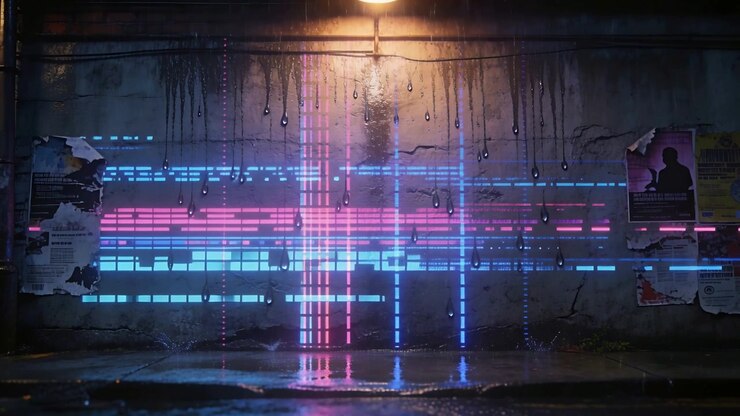 Emerging pulsing neon grid growing across wet urban alley wall under street lamp