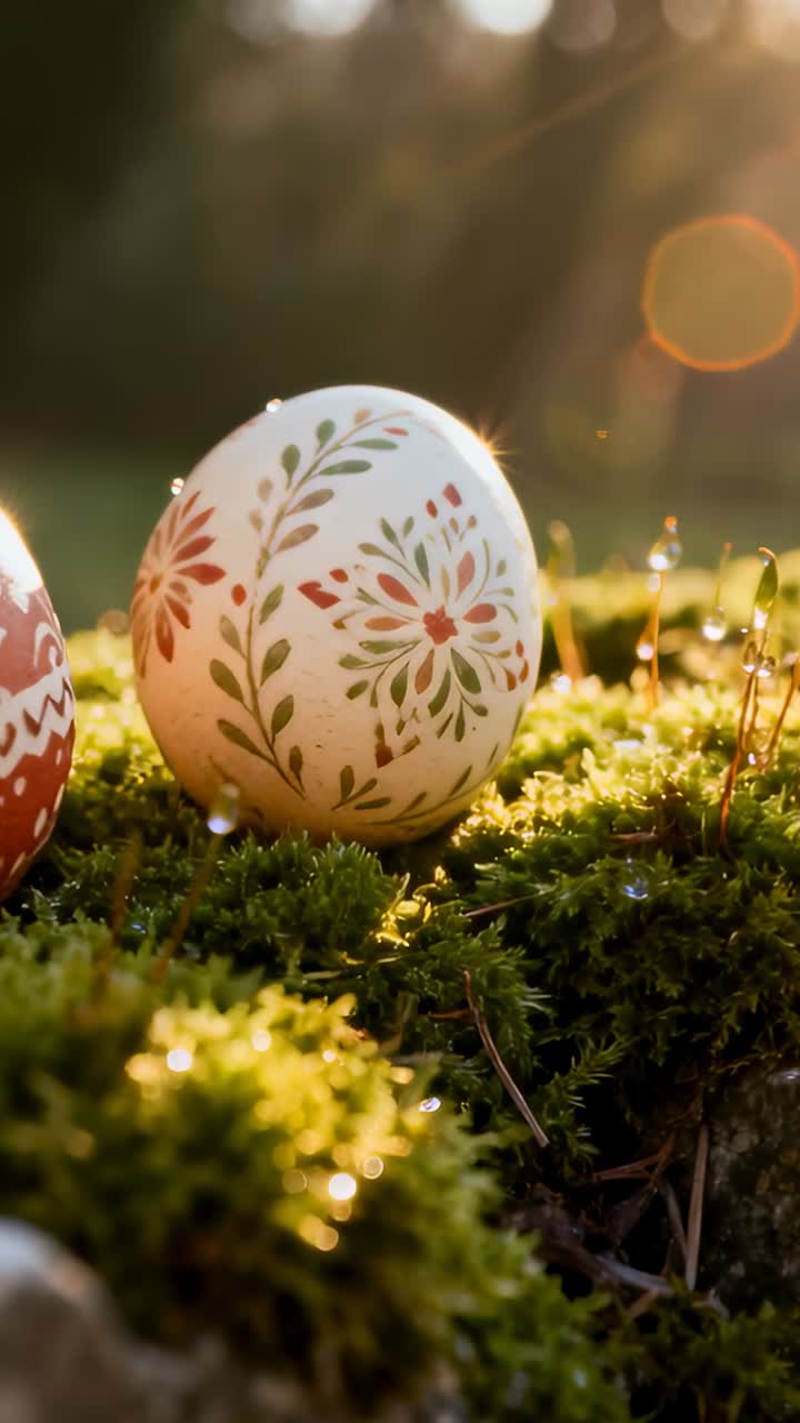 Vertical video: Camera shifting focus, centering white egg on moss as dew catching light for design