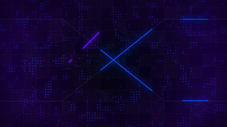 Sfondo di animazione digitale tecnologica con linee elettriche al neon in movimento lungo i sistemi di rete di trasmissione hardware del computer CPU, astratto 3D nei toni del viola e del blu.