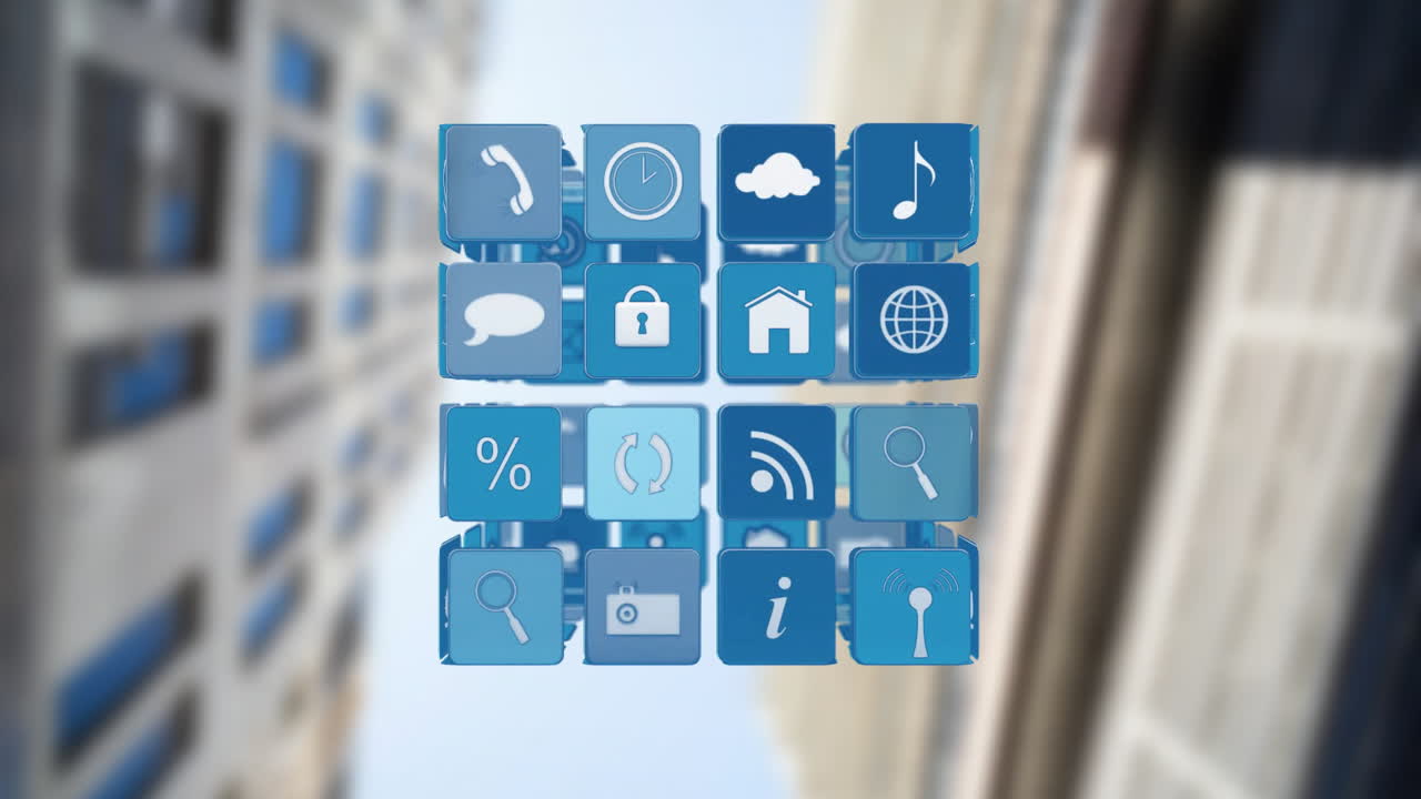 Animated app icons over blurred city buildings background