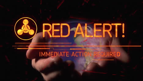 animation of red alert text banner against spinning globe over cupped hands